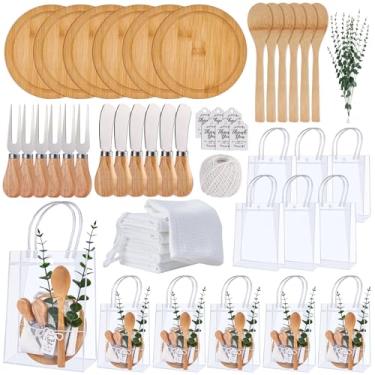 Imagem de 55 peças de prêmios de chá de bebê para vencedores de jogos, 6 conjuntos de tábua de queijo, colher, garfo, faca, toalha xadrez, hastes de eucalipto, cartão de agradecimento e sacolas de presente para