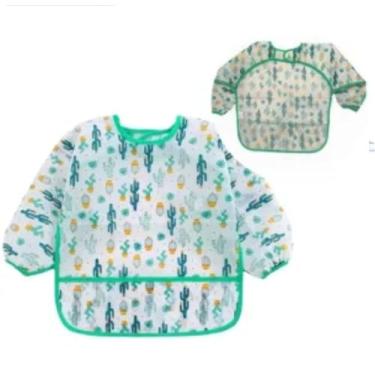 Imagem de Babador Manga Longa Com Elastico Punho Coletor de Migalhas Tecido Plastificado Molinho Impermeável Babador Estilo Avental Estampa Cactos