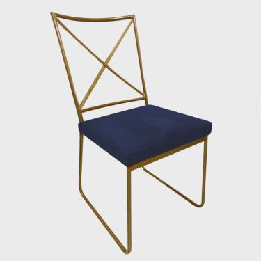 Imagem de Cadeira Sala de Jantar Escritório Office Clark Industrial Ferro Dourado Suede Azul Marinho - Ahazzo Móveis