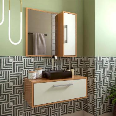 Imagem de Conjunto de Gabinete com Cuba Preta e Armário de Banheiro com Espelho Alice 2 pt Mel e Arenas