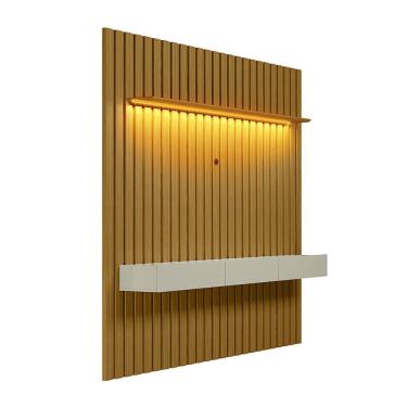 Imagem de Painel Ripado com Rack Suspenso até 70 Polegadas Tulum com LED 1 pt 2 gv Cedro e Off White Alt 218 Larg 222 cm