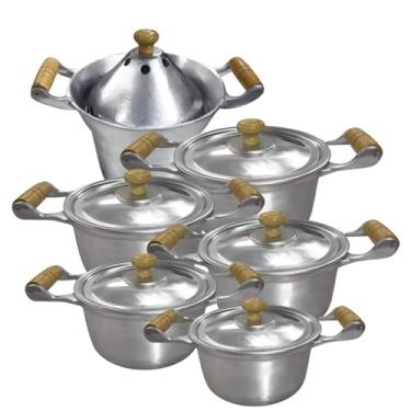 Imagem de Jogo De 5 Panelas Alumínio Fundiido Polido Tampas De Vidro Com Fervedor De leite