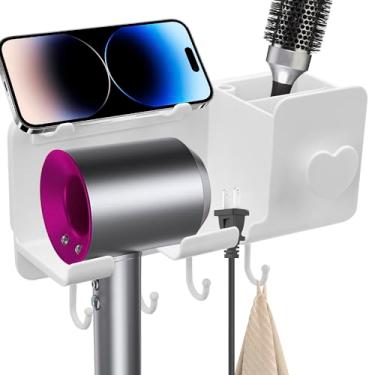 Imagem de DODAMOUR Suporte de parede para secador de cabelo, organizador sem broca, com ganchos e compartimento para plugue, rack minimalista de armazenamento de ferramentas de cabelo para banheiro com