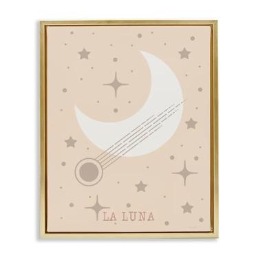 Imagem de Stupell Industries Arte de parede em tela flutuante emoldurada dourada com lua mínima com estrelas, design de Daniela Santiago, 25 x 31