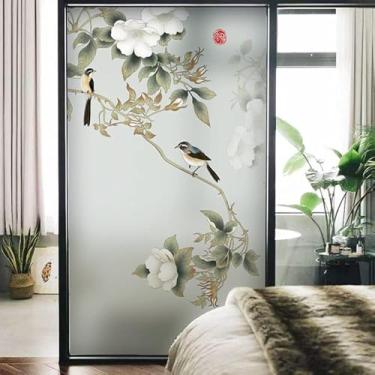 Imagem de Película Anti-olho Para Janela Com Design De Flores E Pássaros Película Para Janela Blackout Eletrostática Boa Privacidade Película Opaca Para Vidro Fosco Anti-uv Para Escritório Casa Cozin