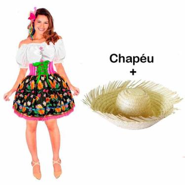Imagem de Vestido Caipira Feminino Adulto Festa Junina de Luxo + Chapéu - Fantas