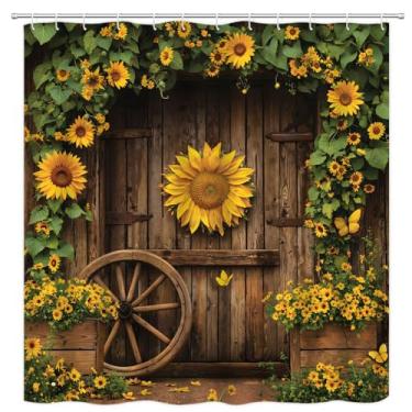 Imagem de PZMPZM Cortina de chuveiro rústica com girassol, vintage, porta de celeiro, flor amarela, borboleta, país ocidental, banheiro, poliéster, cortinas com ganchos 180x170 cm A