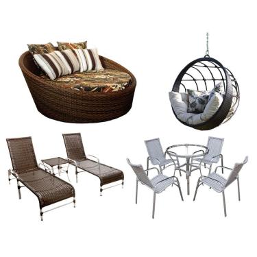 Imagem de Kit 4 Cadeiras e Mesa, 2 Espreguiçadeiras, 1 Balanço Ninho e 1 Chaise em Alumínio Trama