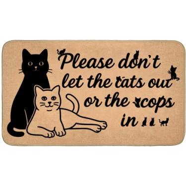 Imagem de TRYYN Tapete de porta interno de gato divertido, 75 x 43 cm, tapetes de linho com design de gatinho preto e branco, tapete de borracha antiderrapante, tapete de decoração de gatos de estimação para