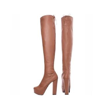 Imagem de Bota Over the Knee Feminina, Couro Sintético Marrom, Salto Alto 12cm com Plataforma, Cano Longo