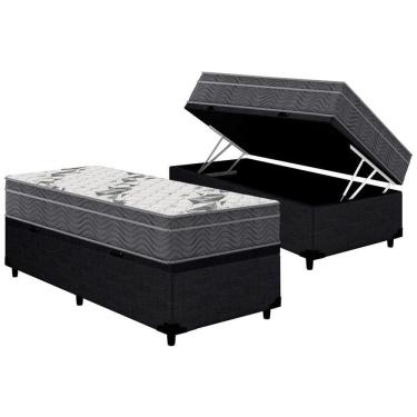 Imagem de Cama Box Baú Solteiro: Colchão Anatômico Ortobom D33 Airtech 100 + Base CRC Courano Black (88x188)