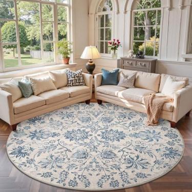 Imagem de jinchan Tapete redondo floral clássico de 2,1 m, design inspirado no vintage, tapete circular de 1,8 m, lavável à máquina, ultrafino, camada baixa, antiderrapante, para quarto, sala de jantar, sala de