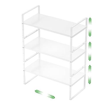 Imagem de SOFRON Prateleira expansível de armazenamento empilhável para cozinha, banheiro, despensa, temperos, armário, bancada, escritório, resistente, antiderrapante, branca, grande, pacote com 3