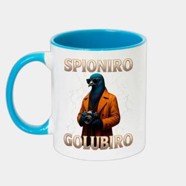 Imagem de Caneca Branca com Alça e Interna Azul de Porcelana 325ml - Italian Brainrot Spioniro Golubiro Spy Pigeon