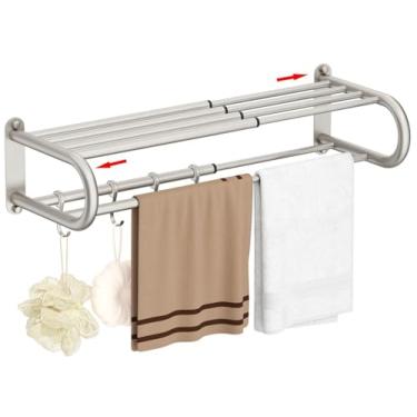 Imagem de BESy Toalheiro com prateleira para banheiro e lavatório ajustável, prateleira de toalha de 38 a 67 cm, barra de toalha dupla, 4 ganchos, suporte de toalha multifuncional, estilo hotel, aço inoxidável