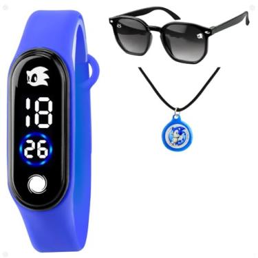 Imagem de relogio pulso infantil digital meninos prova dagua + oculos sol + colar + caixa kids azul led acetato silicone