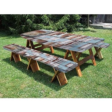 Imagem de GBYAGCS Toalha de mesa de madeira, conjunto de 3 peças, para Natal, festas, piqueniques, 76 x 182 cm, azul, marrom e branco