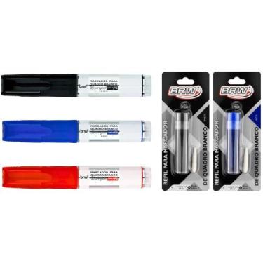 Imagem de Kit 3 Pincéis Marcador Quadro Branco + 2 Refis com Ponta Extra BRW