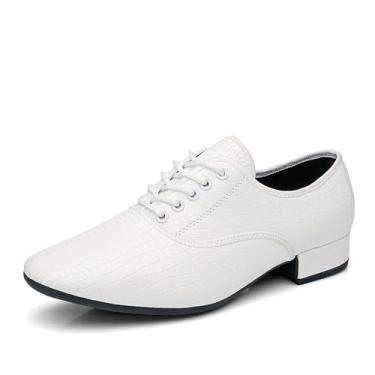 Imagem de Sapatos de dança de salão masculinos de couro envernizado com cadarço latino salsa valsa sapatos de dança do lado de fora, Branco, 38