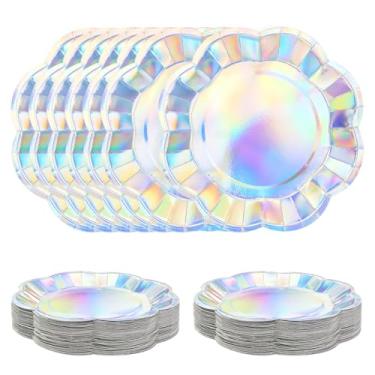 Imagem de SietDESEO Pratos de papel iridescente com 50 peças, pratos de sobremesa recortados de 17 cm, prato descartável iridescente para festa, jantar, casamento, chá de bebê, prato de bolo de aniversário