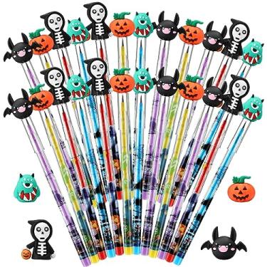 Imagem de Qilery 24 lápis de Halloween a granel com borracha superior lápis empilháveis para crianças, morcego de abóbora, fantasma, monstro, lápis empilháveis, não afiadores, para festa de Halloween, escola, estudantes