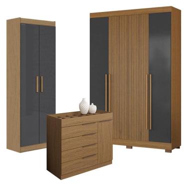 Imagem de Guarda Roupa Casal 2030240 com Armário Multiuso 2000191 Atacama Grafite e Cômoda Sevilha Atacama - Aramóveis