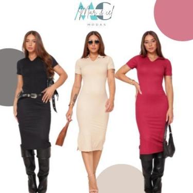 Imagem de Kit 3 Vestidos Sortidos Femininos Midi Gola Polo Canelado - Mar e Cel,