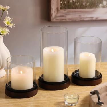 Imagem de Volens Suporte de vela de vidro Hurricane com bandeja de madeira - Conjunto de 3 castiçais para velas de pilar com cilindros transparentes à prova de vento, suportes decorativos de madeira para centro