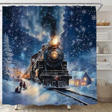 Imagem de TENVSIN Cortina de chuveiro de Natal noite de inverno trem de Natal árvore de floco de neve floresta ferrovia tecido cortina de banheiro decoração conjunto de banheiro com ganchos (177.8 cm WX70 H)