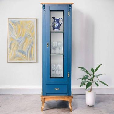 Imagem de Cristaleira De Madeira 1 Porta 1 Gaveta, Espelho E Pés Luiz Xv - Azul Bic Com Tampo E Base Imbuia Glazer