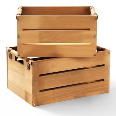 Imagem de Chunful Caixa de madeira de 2 tamanhos, cestas de armazenamento grandes com alças, casa de fazenda, caixas decorativas de madeira rústica para exibição ou armazenamento de frutas, prateleiras, cozinha