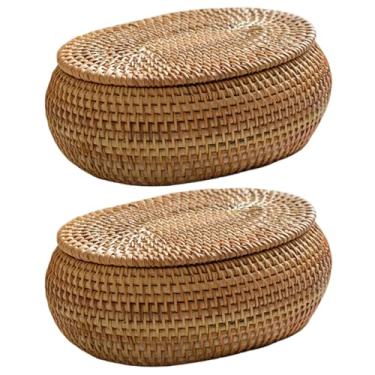 Imagem de Cesta pequena de vime com tampa, caixa de armazenamento de vime com 2 peças, 17 x 14 x 7 cm, caixas de armazenamento decorativas ovais com tampas, cesta de vime com tampa, caixa de vime, cestas com
