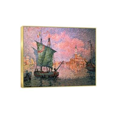 Imagem de BMZFYBS Pintura famosa de arte de parede em tela para decoração de casa - Pôster e impressões em moldura dourada nuvem rosa de Veneza para sala de estar 40 x 50 cm 16 x 20 pol