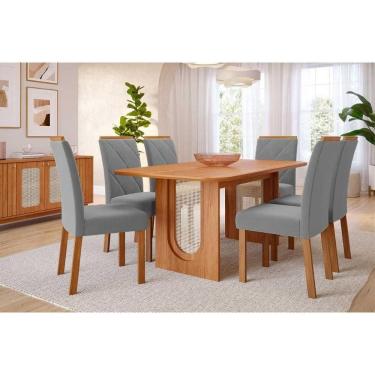 Imagem de Sala de Jantar Completa Valentina Tampo Madeirado 180x90cm e 6 Cadeiras Fernanda Cinamomo - Carvalho/Linho Grafite - Cimol