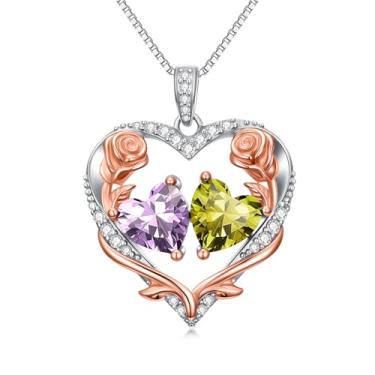 Imagem de Zoeniya Colar de coração rosa, presente para mulheres, banhado a ouro branco 18 k, pedra do mês de nascimento de 12 meses, presente de aniversário e Natal para sua esposa, namorada, 25mm, base