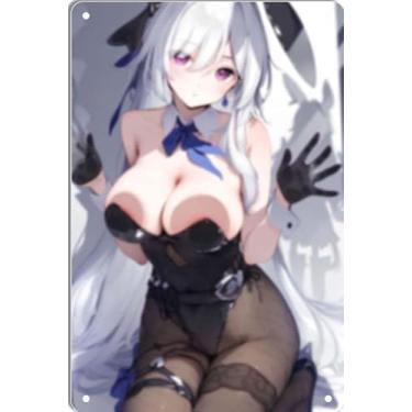Imagem de DKLOWK Pôster de metal quente de menina anime fofo biquíni sexy placa de decoração de parede para casa bar clube quarto banheiro homem caverna Otaku 20 x 30 cm