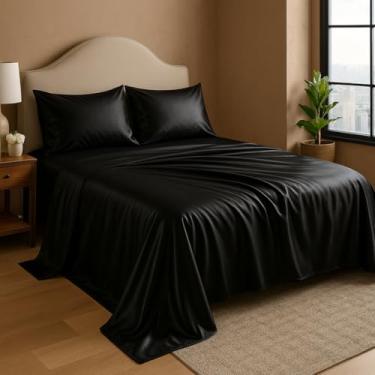 Imagem de Lençol Cetim 4 Peças Com Tecnologia Anti-Frizz Casal Padrão Queen King Size Elasticado Bilho Ativo (Preto, Casal Padrão)