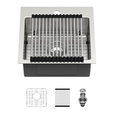 Imagem de Pia de barra de 38 cm - Beslend 38,8 cm x 38,5 cm Pia de cozinha pia pequena pia de aço inoxidável de calibre 16 pias de barra molhada tigela única quadrada, 15 cm de altura