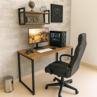 Imagem de Kit Setup Gamer Mesa Escrivaninha Industrial com Prateleira 100x60cm 100% MDF Premium Freijó e Aço Preto