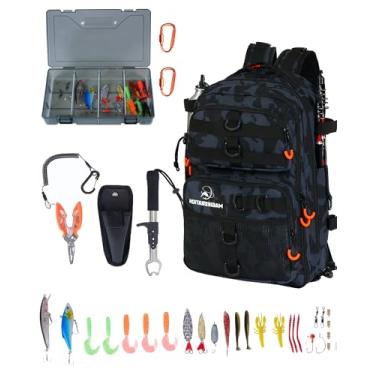 Imagem de Mochila de pesca com caixa de equipamentos, equipamento de pesca Oxford 900D resistente à água com suporte de vara, presentes para homens com iscas, alicates e garra de lábio de peixe