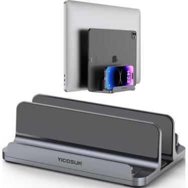 Imagem de Suporte vertical para laptop para mesa: suporte de mesa de alumínio com 3 compartimentos com base ajustável - serve para todos os MacBook/Surface/Samsung/HP/Dell/Chrome Book de até 17,3 polegadas