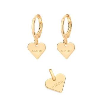 Imagem de Kit Rommanel Banhado Ouro Brinco Argola E Pingente Coração Amor