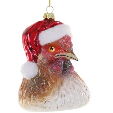Imagem de The Bridge Collection Enfeite de Natal de galinha de vidro - Enfeite de Natal de galinha de 10 cm com chapéu de Papai Noel - Decoração de Natal com animais