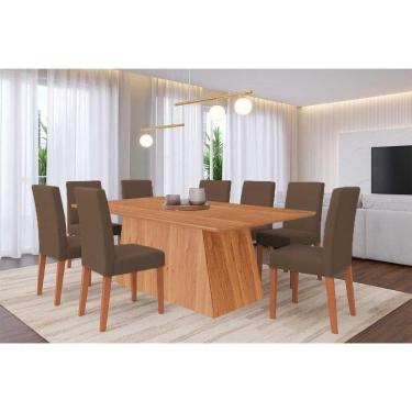 Imagem de Conjunto: Mesa Sala Jantar Helena Tampo Madeirado 210x100cm e 8 Cadeiras Maia Cinamomo - Cinamomo/Suede Mascavo Chocolate - Cimol