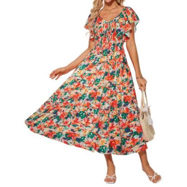 Imagem de Vestido longo GRACE KARIN Floral Summer com decote em V, babado, 2GG, 