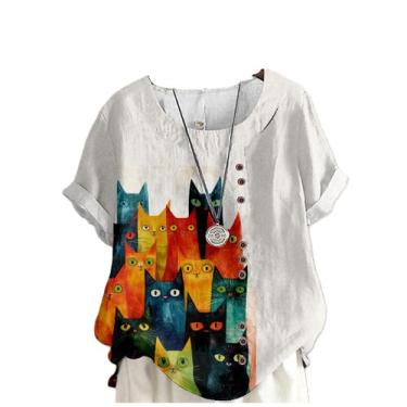 Imagem de Camisa de linho domirica feminina com estampa de gatos, manga curta, b