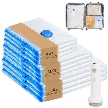 Imagem de SUNMEG Sacos de armazenamento a vácuo para viagem, pacote com 9 sacos de vedação a vácuo para roupas, viagens, kit de embalagem de compressão com bomba elétrica de alta pressão, economia de espaço