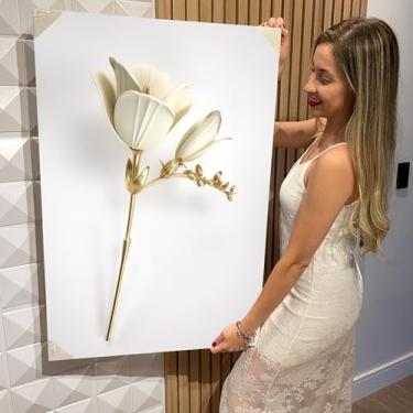 Imagem de Quadro Decorativo Canvas Flores Brancas e Douradas Vertical (CAN2596)