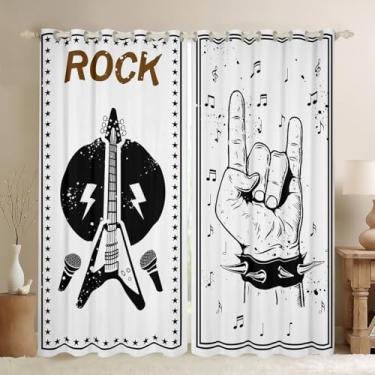 Imagem de Manfei Conjunto de 2 painéis de cortina de janela de música Rock Roll, cortinas de janela de instrumento de guitarra, cortinas de grafite abstratas retrô para decoração de quarto de crianças e adultos