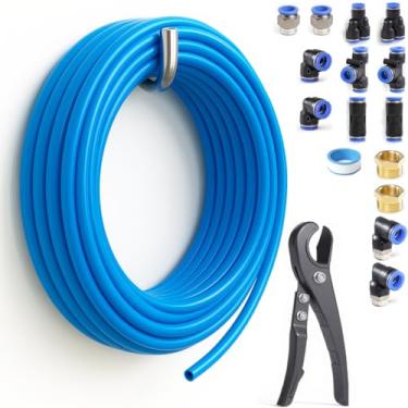 Imagem de Sctihwelire Kit de tubulação de ar PU 16 mm OD x 12 mm ID - Mangueira flexível azul de 10 m com encaixes de pressão para conectar, cortador de tubo - Kit de linha de ar pneumático para compressor